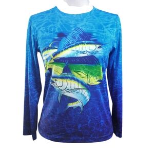 Kobalt 1 Blue Oceanic Fish Print Swim Top Long Sleeve For Kids Size 8/10 Upf 40'